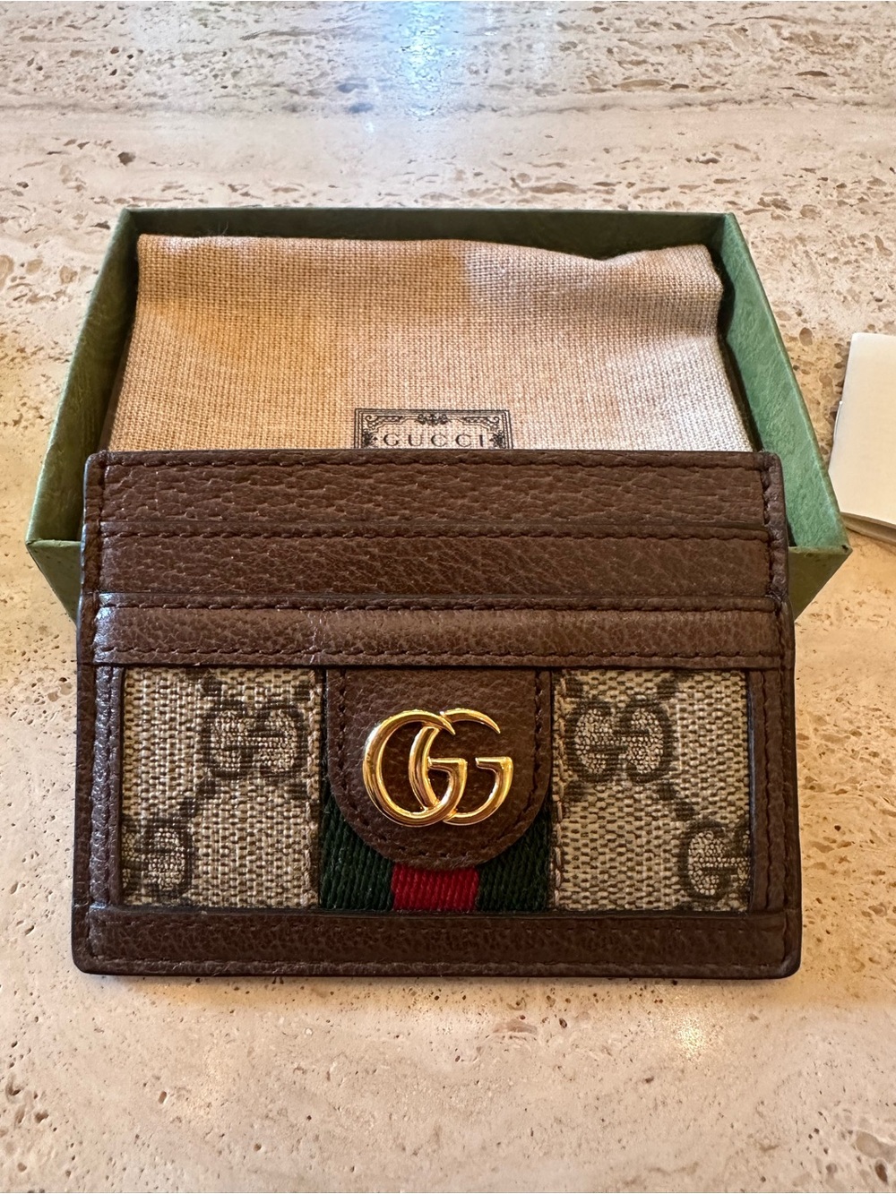 Gucci Ophidia GG Card Case in  GG Supreme canvas with Light Gold-toned hardware